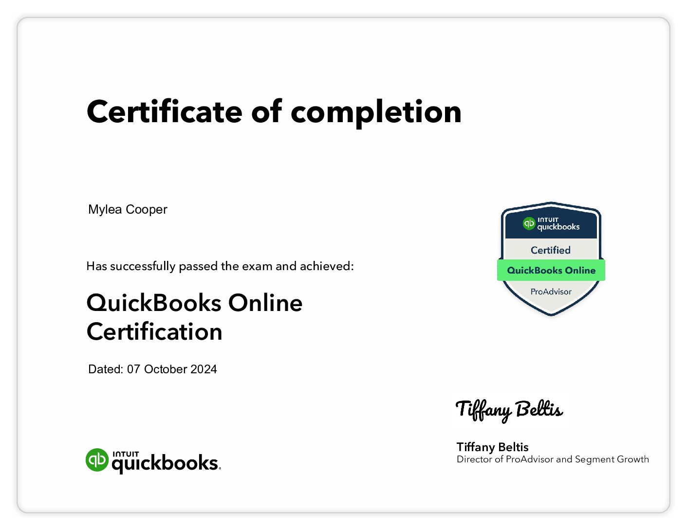 QuickBooksOnlineCertification - Mylea Cooper